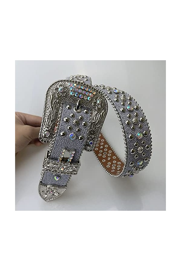Punk Rock Ceinture Femme Lettre Strass Boucle Brillante Ceinture Garniture Cuir Vintage Ceinture Denim Homme,33,115cm
