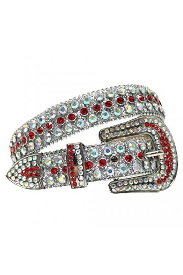 Ceinture en strass style punk Hot Girl avec boucle en cuir PU véritable 3,8 cm de largeur, Argent-rouge1, 28-30W