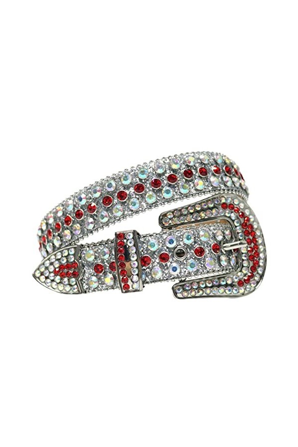 Ceinture en strass style punk Hot Girl avec boucle en cuir PU véritable 3,8 cm de largeur, Argent-rouge1, 28-30W