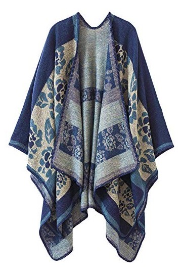 Shmily Girl Femme Cape Poncho Extra Large écharpe Châle Blanket Poncho Automne Hiver One Size, Rayé/Bleu Marine 