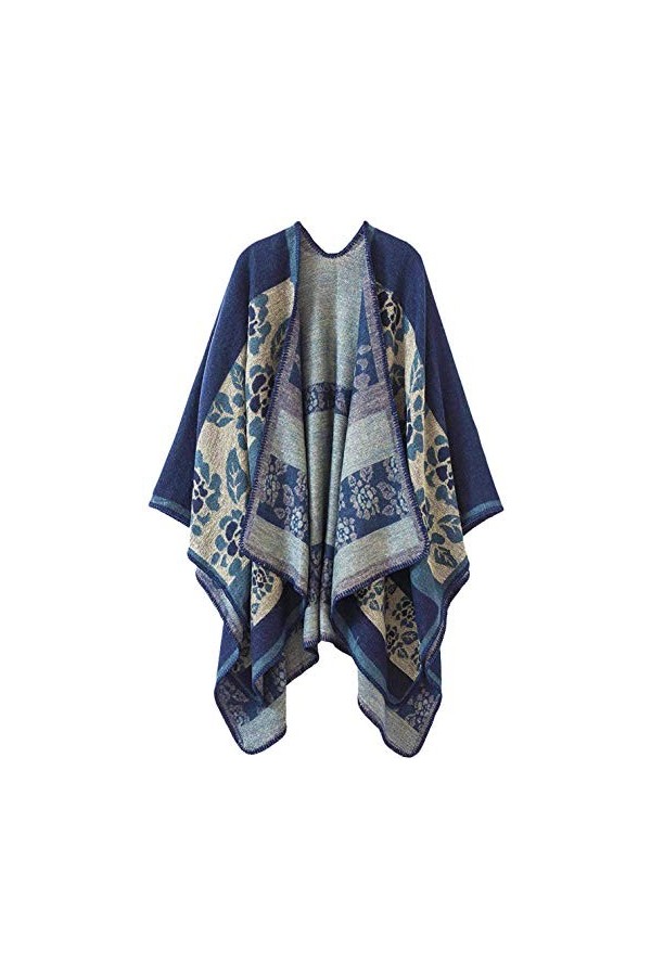 Shmily Girl Femme Cape Poncho Extra Large écharpe Châle Blanket Poncho Automne Hiver One Size, Rayé/Bleu Marine 