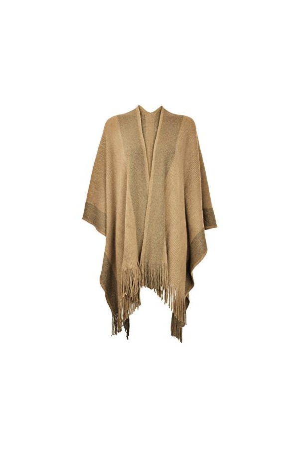 ZLYC Femmes Hiver Ouvert Cape Chaud Poncho Garniture à franges Blanc ,Taille unique