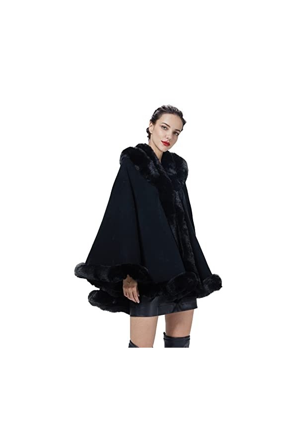 BEAUTELICATE Poncho Fourrure Châle Étole Cape à Capuche Tricoté Manteau avec Col de Fourrure pour Femme Automne Hiver Mariage