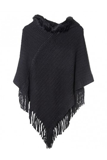 JFAN Poncho Capuche pour Femme en Hiver Crochet avec Frange Ponchos Femmes Elégant Tricot Capes Pompon Chandail à Capuchon Ch