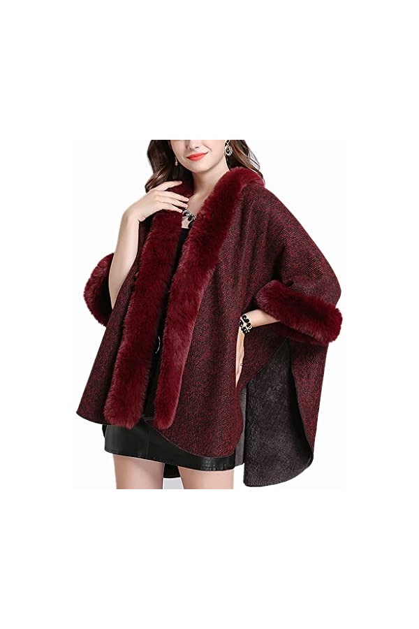 Femmes Cardigan Poncho Fausse Fourrure de Lapin Cape Wrap Laine Chaud, Rouge, Taille Unique