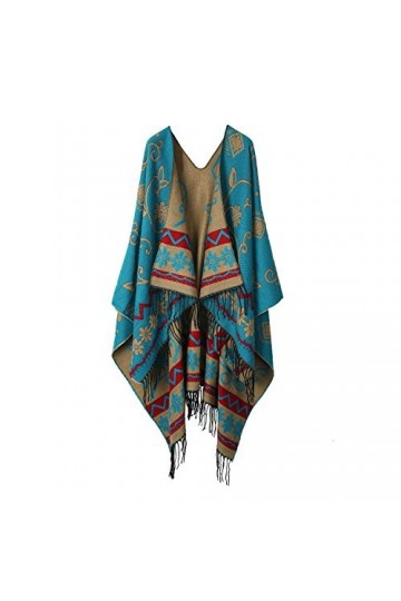Femme Manteau Cape Echarpe Epaisse Poncho Foulard Chaud Hiver avec Franges 135*170,Bleu 