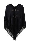 Closhion Poncho cape ouverte sur le devant en tricot à franges avec boucles en corne pour femme, Noir , 32