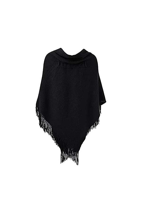 Closhion Poncho cape ouverte sur le devant en tricot à franges avec boucles en corne pour femme, Noir , 32
