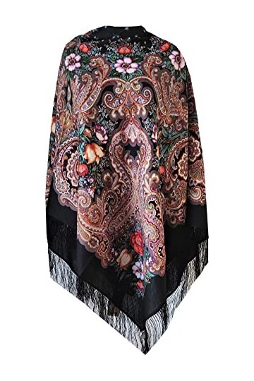 Charmant châle russe Pavlovo Posad floral pour femme 100 % laine avec franges en soie Noir 146 cm x 146 cm, Noir
