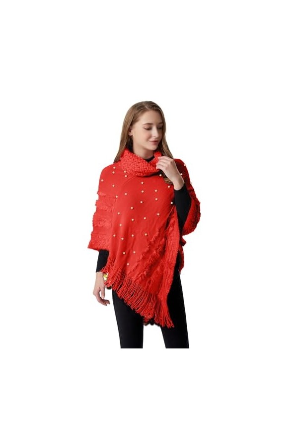 Rayson Femme Poncho Châle à Franges Hiver Tricot à col Montant Mode Elégant avec des Perles Chaud Écharpe Automne Hiver Cadea