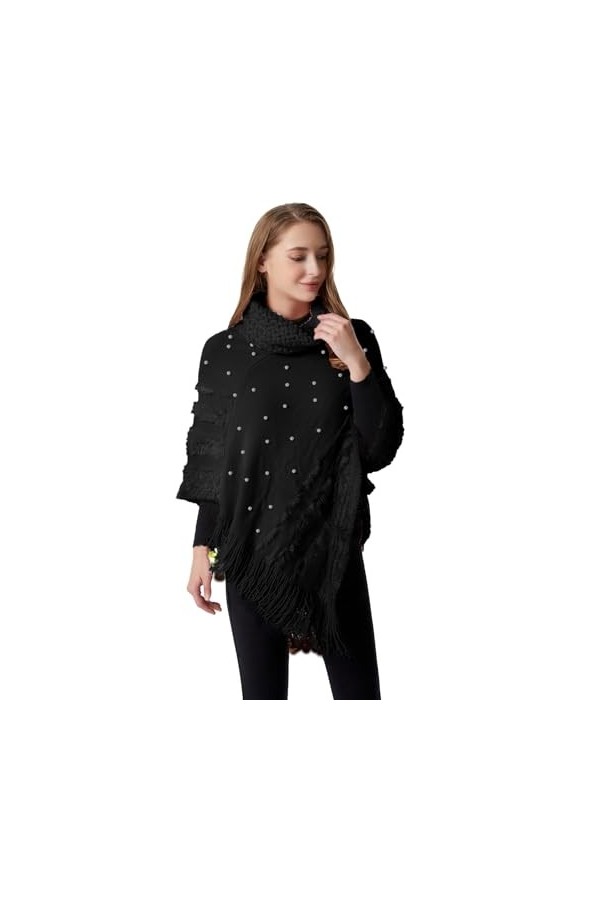Rayson Femme Poncho Châle à Franges Hiver Tricot à col Montant Mode Elégant avec des Perles Chaud Écharpe Automne Hiver Cadea