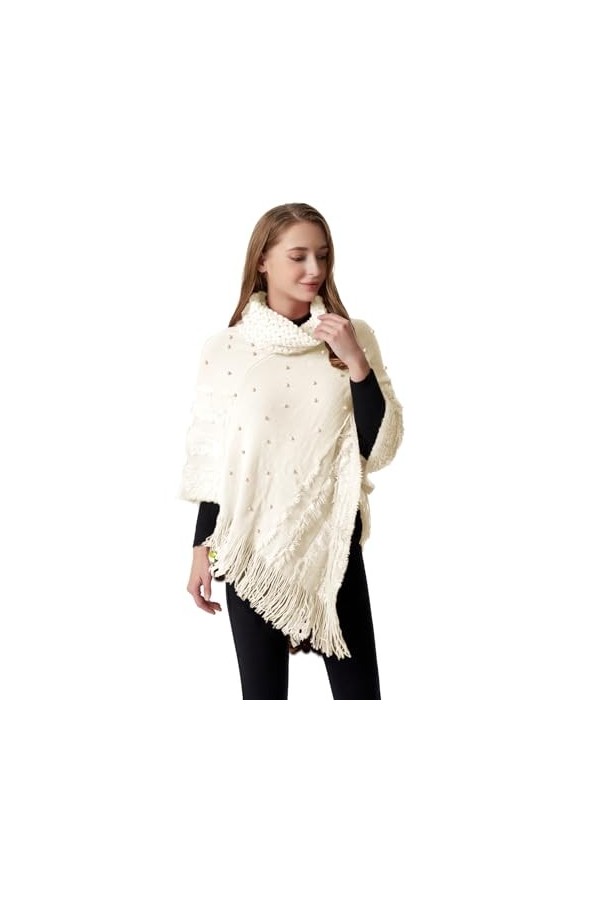 Rayson Femme Poncho Châle à Franges Hiver Tricot à col Montant Mode Elégant avec des Perles Chaud Écharpe Automne Hiver Cadea