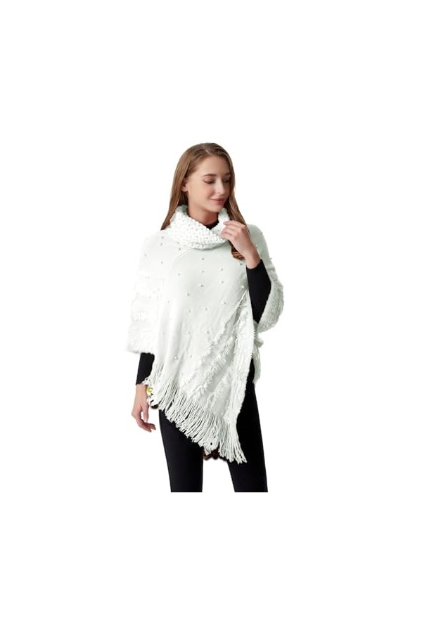 Rayson Femme Poncho Châle à Franges Hiver Tricot à col Montant Mode Elégant avec des Perles Chaud Écharpe Automne Hiver Cadea