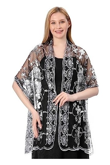 Central Chic Écharpe à paillettes Pashmina pour robe de mariée ou de demoiselle dhonneur, argent/noir, taille unique