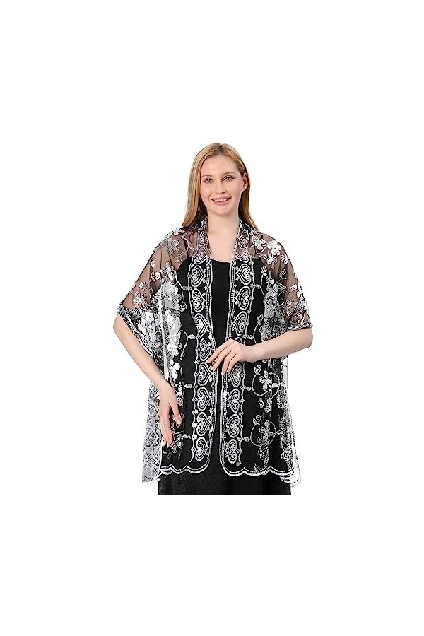 Central Chic Écharpe à paillettes Pashmina pour robe de mariée ou de demoiselle dhonneur, argent/noir, taille unique