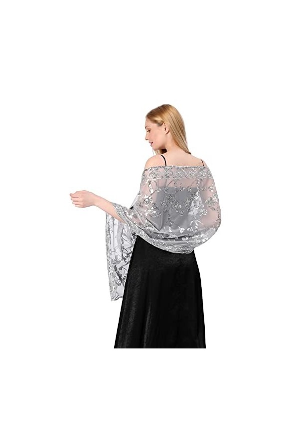 Central Chic Écharpe à paillettes Pashmina pour robe de mariée ou de demoiselle dhonneur, argent/noir, taille unique