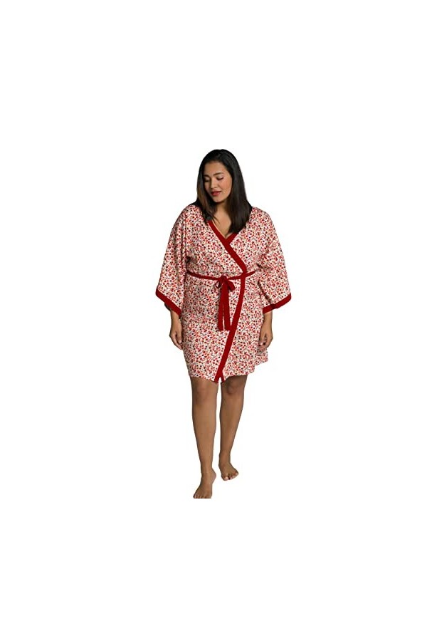 Ulla Popken Kimono Floral, col châle, Ceinture à Nouer Robe de Chambre, Alerte Scarlet, Unique Grande Taille Femme
