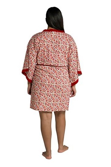 Ulla Popken Kimono Floral, col châle, Ceinture à Nouer Robe de Chambre, Alerte Scarlet, Unique Grande Taille Femme