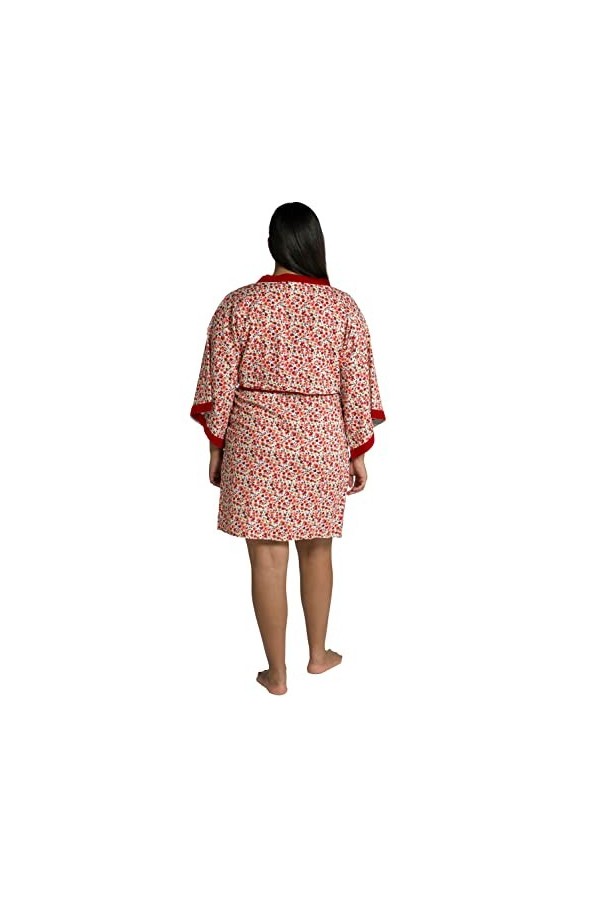 Ulla Popken Kimono Floral, col châle, Ceinture à Nouer Robe de Chambre, Alerte Scarlet, Unique Grande Taille Femme