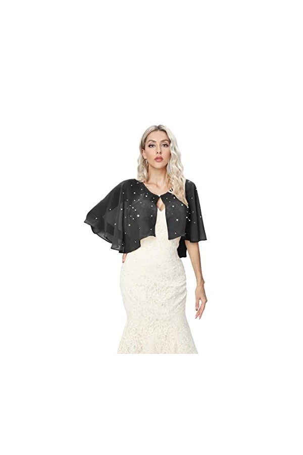 Keivvsh Châle en mousseline de soie avec perles pour robe de mariage, Noir , taille unique