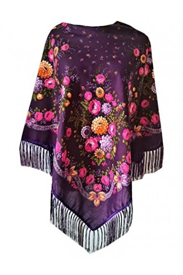 Grande écharpe florale folk vintage russe slavonique avec franges, violet, 110cm x 110cm