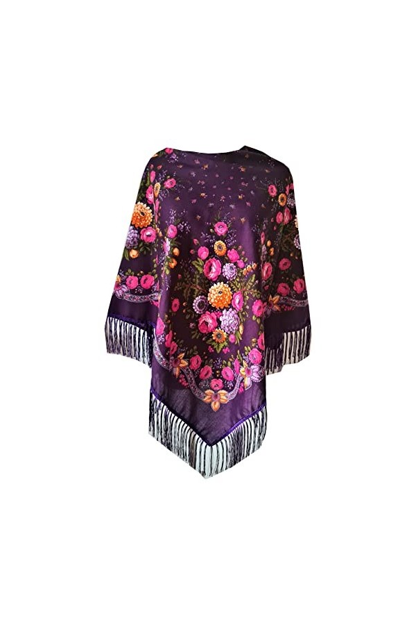 Grande écharpe florale folk vintage russe slavonique avec franges, violet, 110cm x 110cm