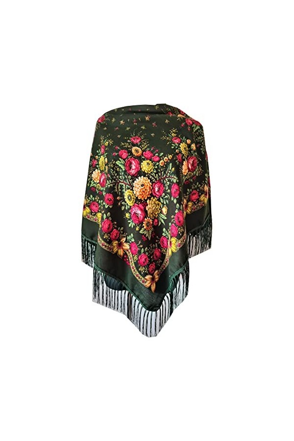 Grande écharpe florale folk vintage russe slavonique avec franges, violet, 110cm x 110cm