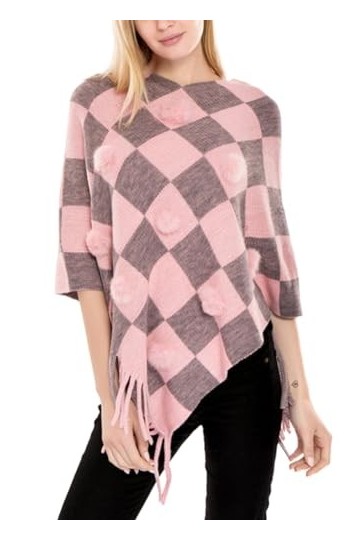 Rayson Femme Poncho Hiver Automne Élégant Plaid Pull Poncho Cape Poncho Crochet avec Frange à Pompons Moda Casual Pull-Over C