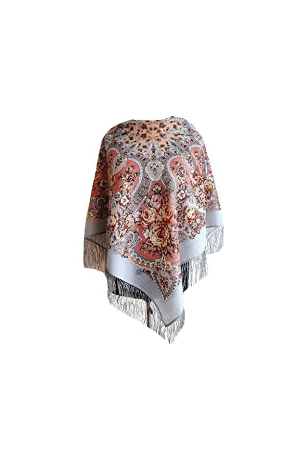 Écharpe Pawlow Pavlovo Posad - Pour femme - 100 % laine - Avec cachemire et fleurs - Avec franges en soie - Qualité supérieur
