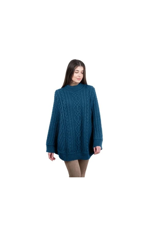 SAOL Poncho irlandais Aran 100 % laine mérinos pour femme, bleu sarcelle, Small-medium