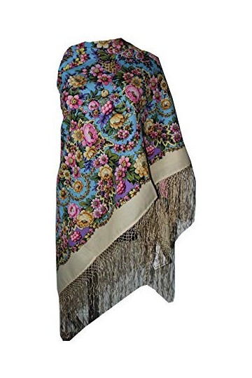 Belle grand authentique beige russe Pavlovo Posad Femme Echarpe Châle Etole Paisley Folk 100% laine avec des franges de soie 