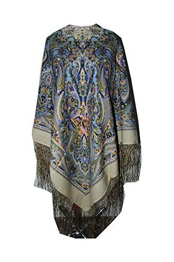 Belle grand authentique beige russe Pavlovo Posad Femme Echarpe Châle Etole Paisley Folk 100% laine avec des franges de soie 