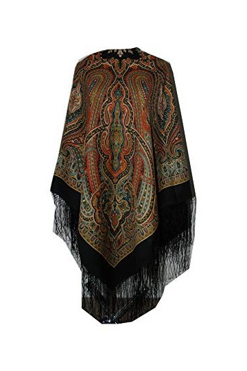 Belle grand authentique noir russe Pavlovo Posad Femme Echarpe Châle Etole Paisley Folk 100% laine avec des franges de soie 1