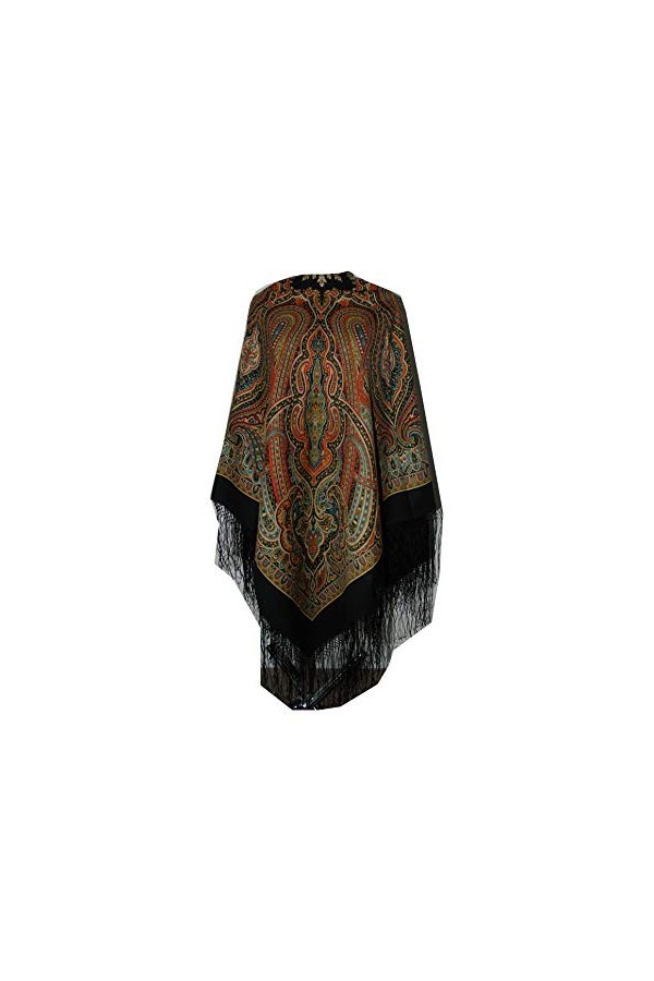 Belle grand authentique noir russe Pavlovo Posad Femme Echarpe Châle Etole Paisley Folk 100% laine avec des franges de soie 1