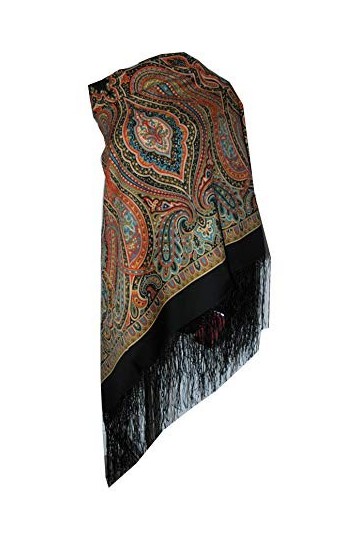 Belle grand authentique noir russe Pavlovo Posad Femme Echarpe Châle Etole Paisley Folk 100% laine avec des franges de soie 1