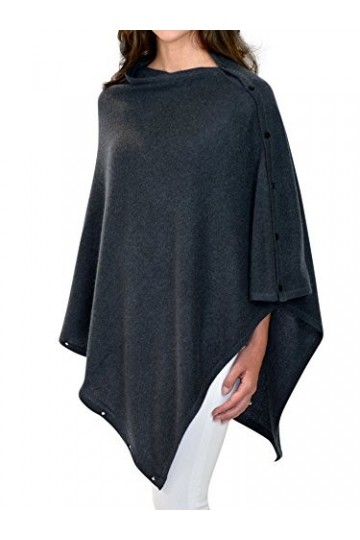 Mimi & Thomas Charcoal Grey Gris 100% Pure Cashmere Ponchos Wraps Shawls with Buttons in Gift Box