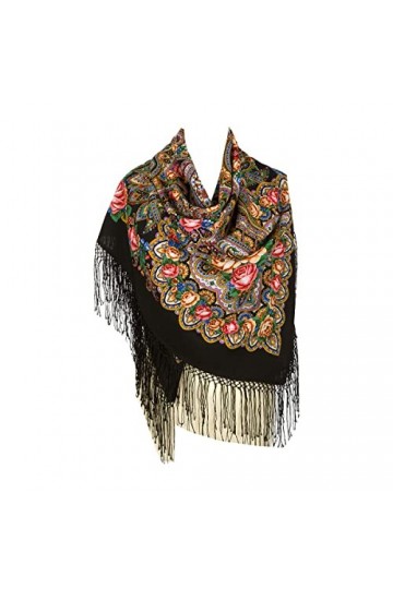Pavlovo Posad Shawl Manufactory Écharpe Pawlow Pavlow pour femme 100 % laine, avec cachemire et fleurs, avec franges en soie,