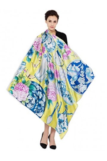 prettystern - Roulotté main écharpe de soie 110cm longue handpainted dessin fines fleurs et porcelaine pinceau chinois - Bleu