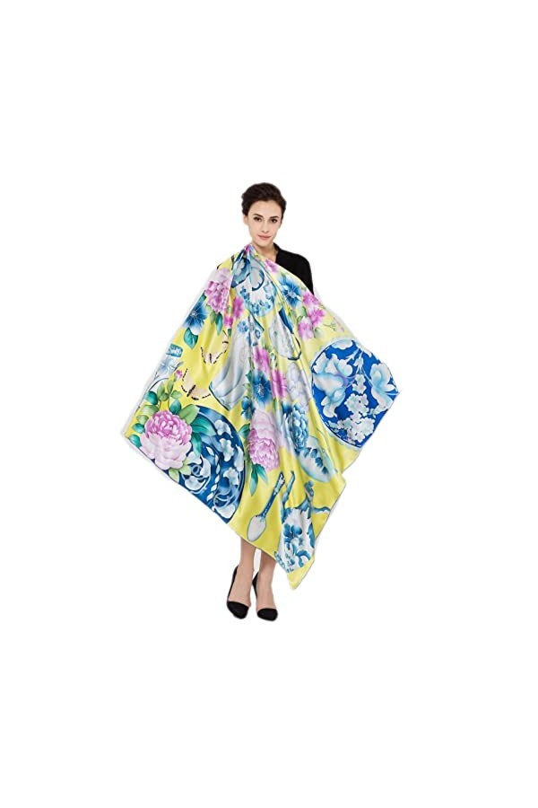 prettystern - Roulotté main écharpe de soie 110cm longue handpainted dessin fines fleurs et porcelaine pinceau chinois - Bleu