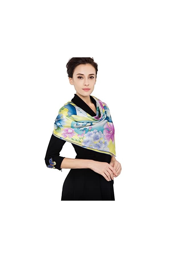 prettystern - Roulotté main écharpe de soie 110cm longue handpainted dessin fines fleurs et porcelaine pinceau chinois - Bleu