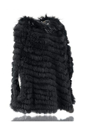 HEIZZI Naturel Pullover Tricoté Fourrure de Lapin Poncho avec Fourrure de Raton Laveur
