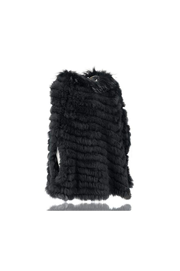 HEIZZI Naturel Pullover Tricoté Fourrure de Lapin Poncho avec Fourrure de Raton Laveur