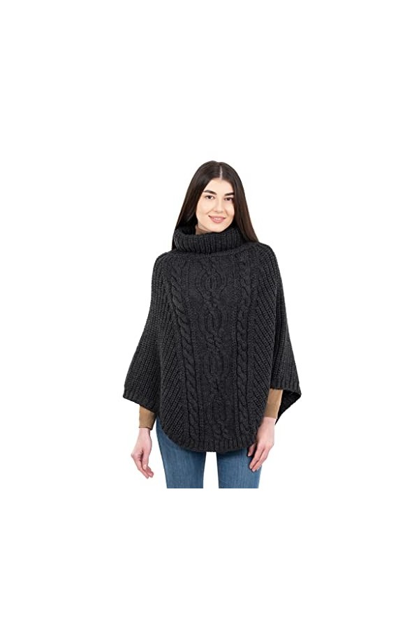 SAOL Poncho irlandais Aran 100 % laine mérinos pour femme, charbon, Taille Unique