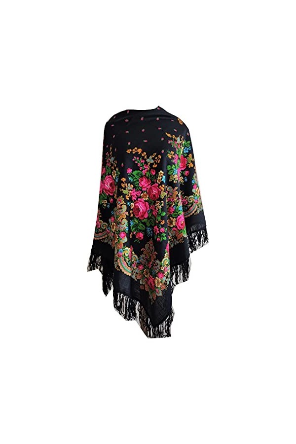 Belle authentique noire russe Pavlovo Posad Femme Echarpe Châle Etole Paisley Folk 100% laine avec des franges de laine 125cm
