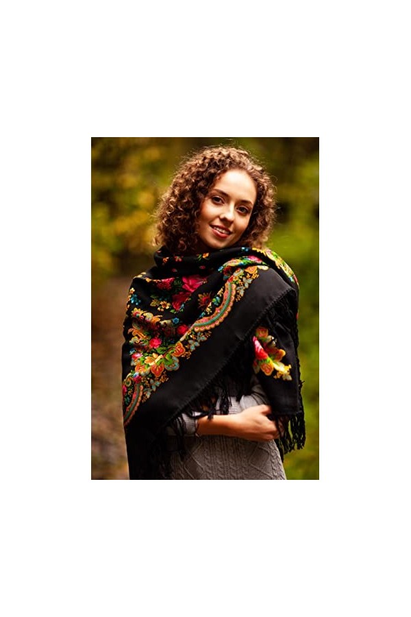 Belle authentique noire russe Pavlovo Posad Femme Echarpe Châle Etole Paisley Folk 100% laine avec des franges de laine 125cm