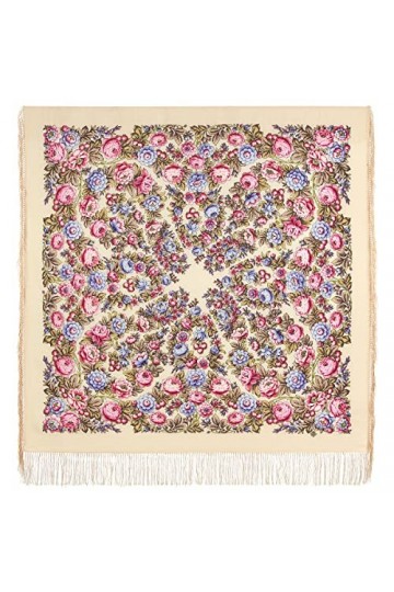Écharpe Pawlow Pavlovo Posad pour femme 100 % laine avec franges en soie, avec cachemire et fleurs 125 cm x 125 cm, beige