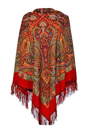 Belle authentique Rouge russe Pavlovo Posad Femme Echarpe Châle Etole Paisley Folk 100% laine avec des franges de soie 125cm 