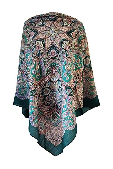 Châle Pawlow Pavlovo Posad Écharpe pour femme 100 % laine avec cachemire et fleurs 125 cm x 125 cm, vert