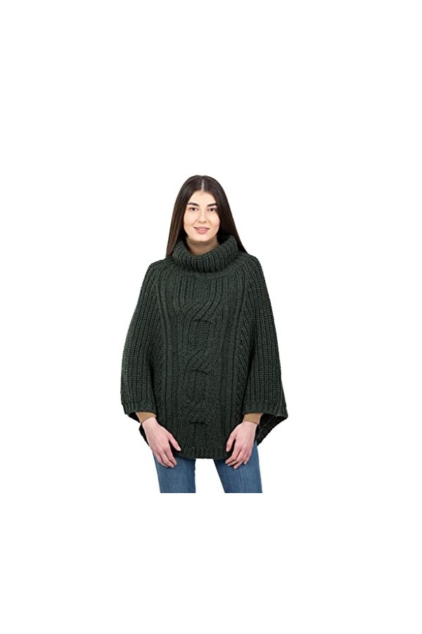 SAOL Poncho en tricot torsadé pour femme 100 % laine mérinos, vert militaire, taille unique