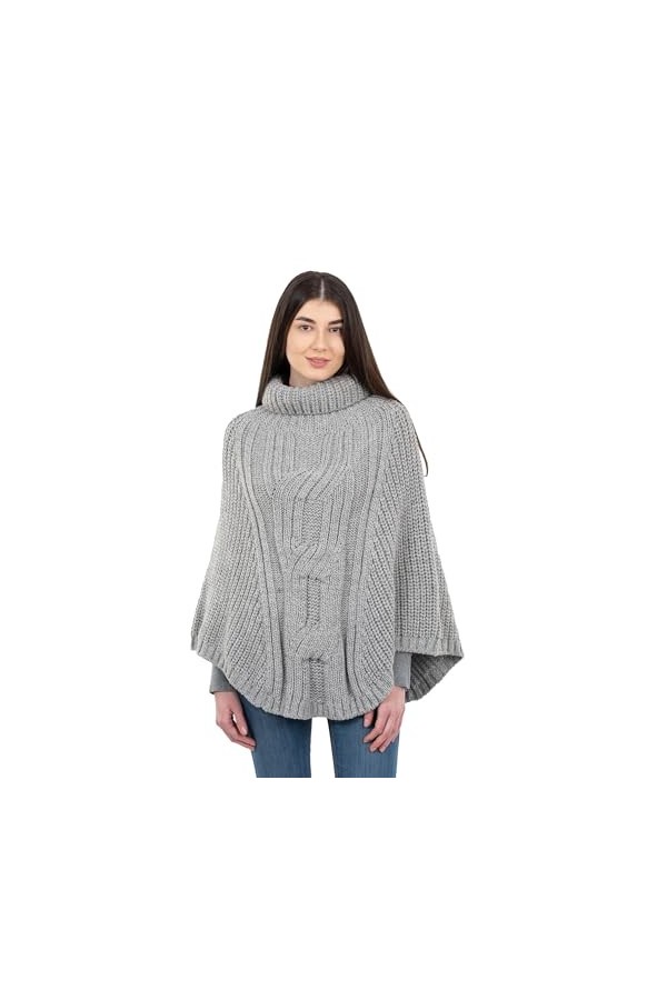SAOL Poncho en tricot torsadé pour femme 100 % laine mérinos, vert militaire, taille unique